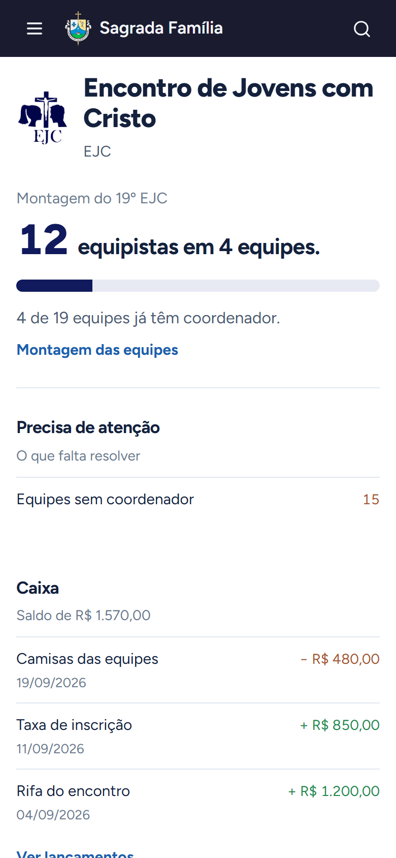 Painel do EJC no celular com a montagem atual